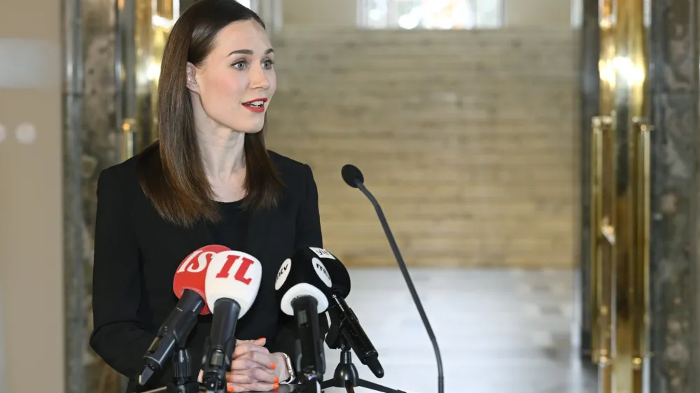 05 April 2023, Finland, Helsinki: Social Democratic Party of Finland (SDP) Chairperson and Prime Minister Sanna Marin speaks during a press conference at the Parliament in Helsinki. Photo: Heikki Saukkomaa/Lehtikuva/dpa