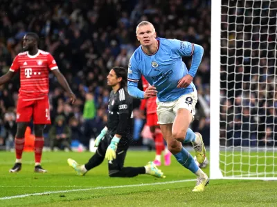 11 April 2023, United Kingdom, Manchester: Manchester City's Erling Haaland celebrates scoring their side's third goal of the game during the UEFA Champions League quarter final first leg soccer match between Manchester City and Bayern Munich at Etihad Stadium. Photo: Tim Goode/PA Wire/dpa