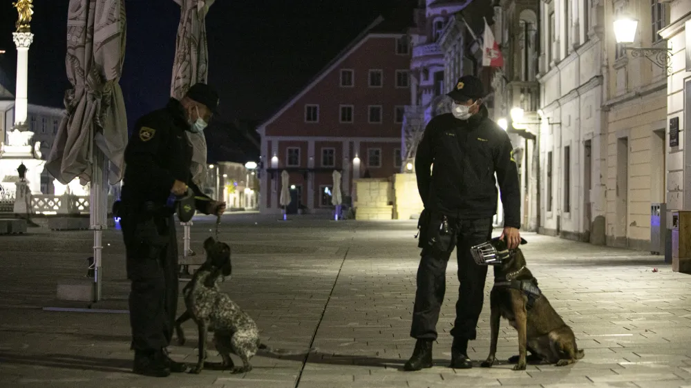 ﻿- policijski pes- policijska ura v Mariboru - omejitev gibanja ljudi ponoči med 21. in 6. uro- 23.10.2020 – Maribor – reportaža s protesta in omejitvi gibanja med 21 in 6 uro - 30 dnevna epidemija Koronavirus COVID-19 v Sloveniji – omejitev gibanja ljudi ponoči med 21. in 6. uro - prepovedano zbiranje več kot šest ljudi, prepoved vseh prireditev in shodov //FOTO: Matjaž Rušt