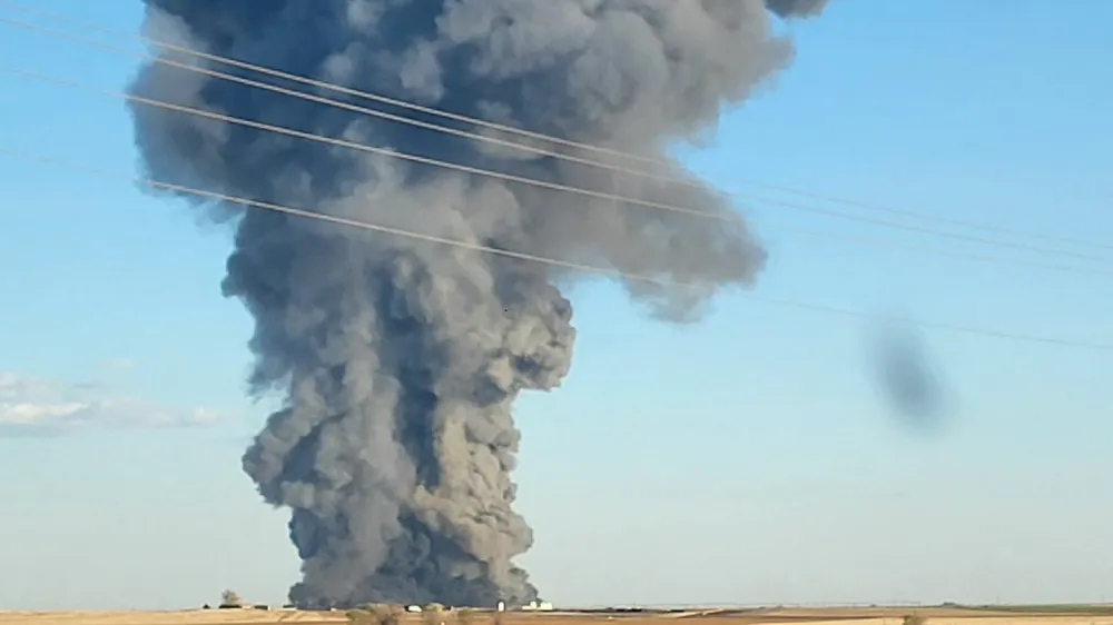 Smoke rises at the Southfork Dairy Farms, after an explosion and a fire killed around 18,000 cows, near Dimmitt, Texas, U.S., April 11, 2023, in this picture obtained from social media. Castro County Emergency Management/Local News X/TMX/via REUTERS THIS IMAGE HAS BEEN SUPPLIED BY A THIRD PARTY. MANDATORY CREDIT. NO RESALES. NO ARCHIVES.