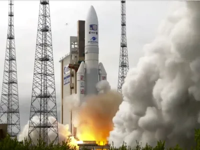 In this image provided by the European Space Agency, an Ariane rocket carrying the robotic explorer Juice takes off from Europe's Spaceport in French Guiana, Friday, April 14, 2023. European spacecraft has blasted off on a quest to explore Jupiter and three of its ice-encrusted moons. Dubbed Juice, the robotic explorer set off on an eight-year journey Friday from French Guiana in South America, launching atop an Ariane rocket. (ESA via AP)