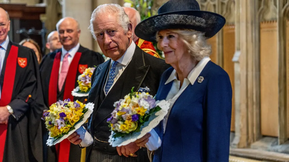 06 April 2023, United Kingdom, York: UK King Charles III and the Queen Consort attend the Royal Maundy Service at York Minster. Photo: Charlotte Graham/Daily Telegraph/PA Wire/dpa