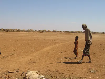 A man and his child passes the carcass of a cow in Denan, Ethiopia, 1,400 kilometers south east of the capital Addis Ababa, Monday, Jan. 16, 2006, which has been hit by a severe drought, and the U.N says 11 million people in the Horn of Africa region are on the brink of starvation. Denan was the scene of a catastrophic drought in 2000 and some 10,000 people are still living in a makeshift camp in Denan six-years later. (AP Photo/Anthony Mitchell)