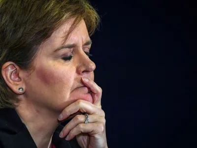 FILE PHOTO: Scotland's First Minister Nicola Sturgeon reacts as she addresses the media during a press conference at St Andrews House, Edinburgh, Scotland, Britain on January 23, 2023. ANDY BUCHANAN/Pool via REUTERS/File Photo