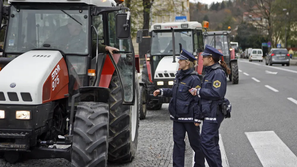  protest kmetov ﻿- traktoristi pred DZ - traktor - policistke - policija- 11.11.2013 - bobudniki in prvopodpisniki peticije proti predlaganemu davku na nepremičnine so pred začetkom seje DZ predsedniku DZ Janku Vebru predali zbrane podpise - zbranih 58.000 podpisov //FOTO: Bojan Velikonja
