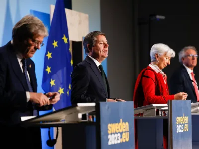 HANDOUT - 28 April 2023, Sweden, Stockholm: (L-R) EU commissioner for Economy, Paolo Gentiloni, Minister for Public Expenditure and Reform of Ireland Paschal Donohoe, President of the European Central Bank Christine Lagarde and Managing Director of the European Stability Mechanism attend a press conference after the Euro-group meeting of Finance and Economy Ministers. Photo: Johannes Frandsen/European Council/dpa - ATTENTION: editorial use only and only if the credit mentioned above is referenced in full