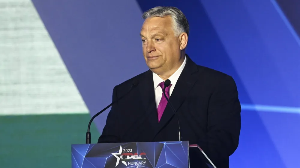 Hungarian Prime Minister Viktor Orban delivers the keynote speech at the opening session of Hungary Conservative Political Action Conference Hungary in Budapest, Hungary, Thursday, May 4, 2023. The two-day CPAC meeting organized by Center for Fundamental Rights of Hungary features some 60 prestigious foreign speakers from 20 countries and five continents. (Szilard Koszticsak/MTI via AP)