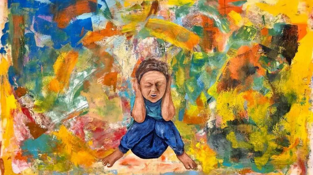 Žiga Korent: Ustavite blaznost (2020), akril na platnu, 155 x 100 cm