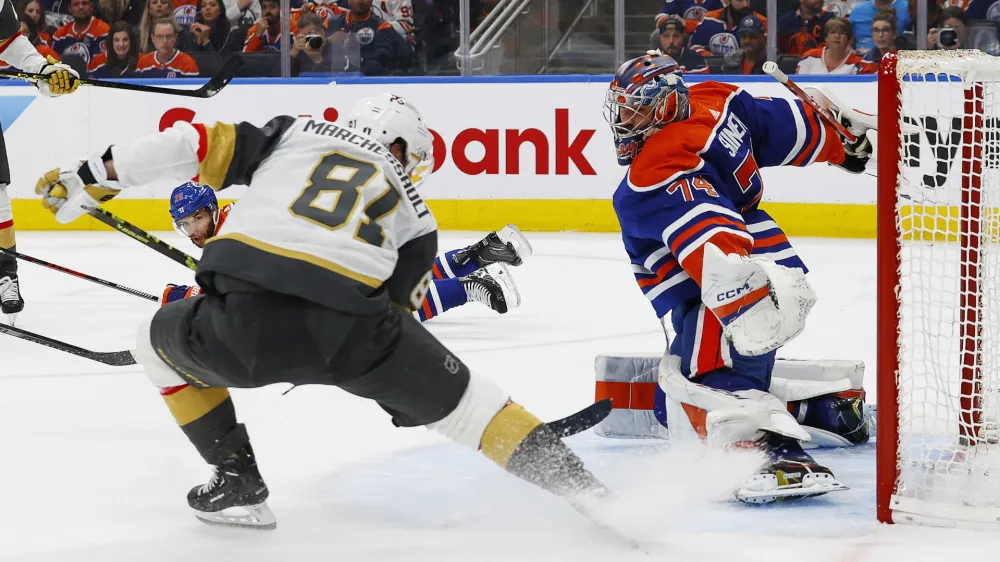 May 8, 2023; Edmonton, Alberta, CAN; Edmonton Oilers goaltender Stuart Skinner (74) Nashville Predators on Vegas Golden Knights forward Jonathan Marchessault (81) during the second period in game three of the second round of the 2023 Stanley Cup Playoffs at Rogers Place. Mandatory Credit: Perry Nelson-USA TODAY Sports