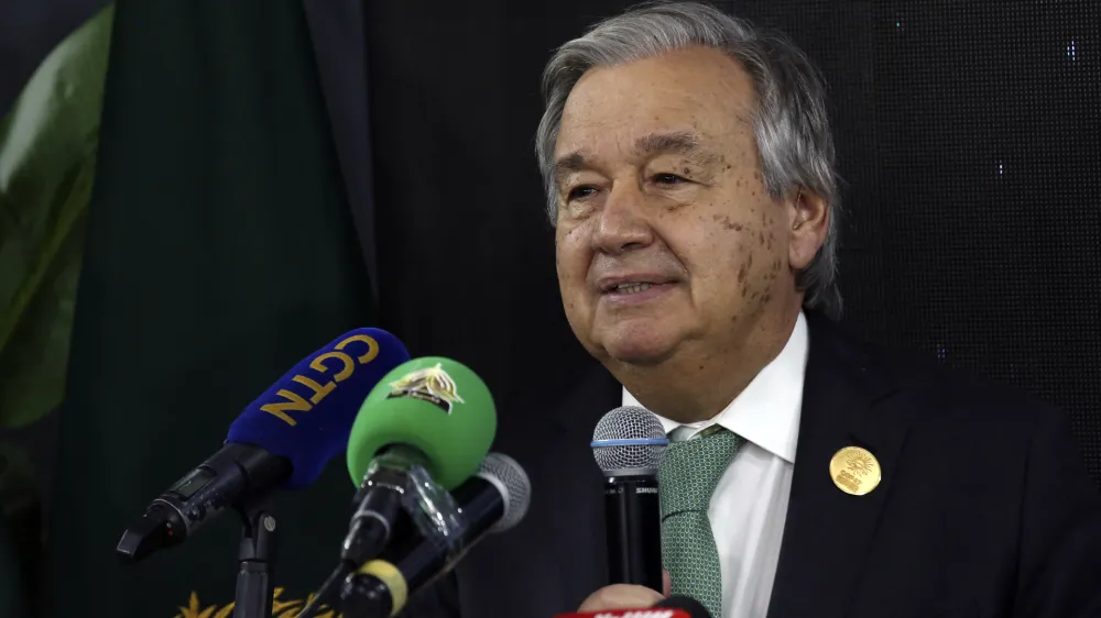 FILE - U.N. Secretary-General Antonio Guterres gives a press conference with Prime Minister of Pakistan Muhammad Shehbaz Sharifat the 2022 United Nations climate conference, COP27, in the Red Sea resort of Sharm el-Sheikh, South Sinai, Egypt, Monday, Nov. 7, 2022. In a report released Tuesday at COP27, a group of experts, appointed exactly a year ago by Guterres, recommended tough standards for bodies making net zero pledges, to ensure that their promises amount to meaningful action instead of "bogus" assurances. (AP Photo/Thomas Hartwell, File)