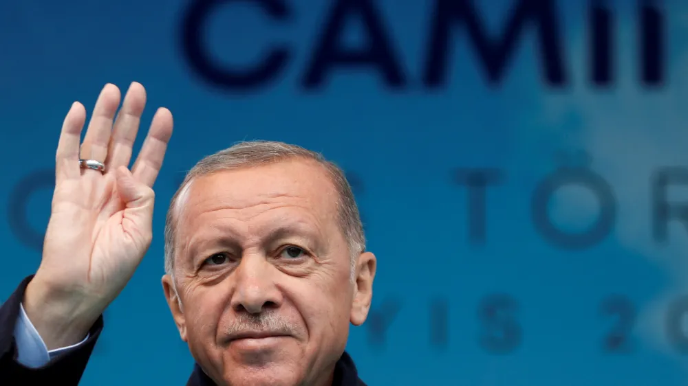 Turkish President Tayyip Erdogan attends the opening ceremony of the newly built Barbaros Hayrettin Pasa Mosque, ahead of the May 14 presidential and parliamentary elections, in Istanbul, Turkey May 12, 2023. REUTERS/Murad Sezer