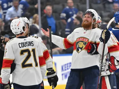 May 12, 2023; Toronto, Ontario, CAN; Florida Panthers defenseman Marc Staal (18) celebrates with forward Nick Cousins after an overtime wind in game five of the second round of the 2023 Stanley Cup Playoffs at Scotiabank Arena. Mandatory Credit: Dan Hamilton-USA TODAY Sports