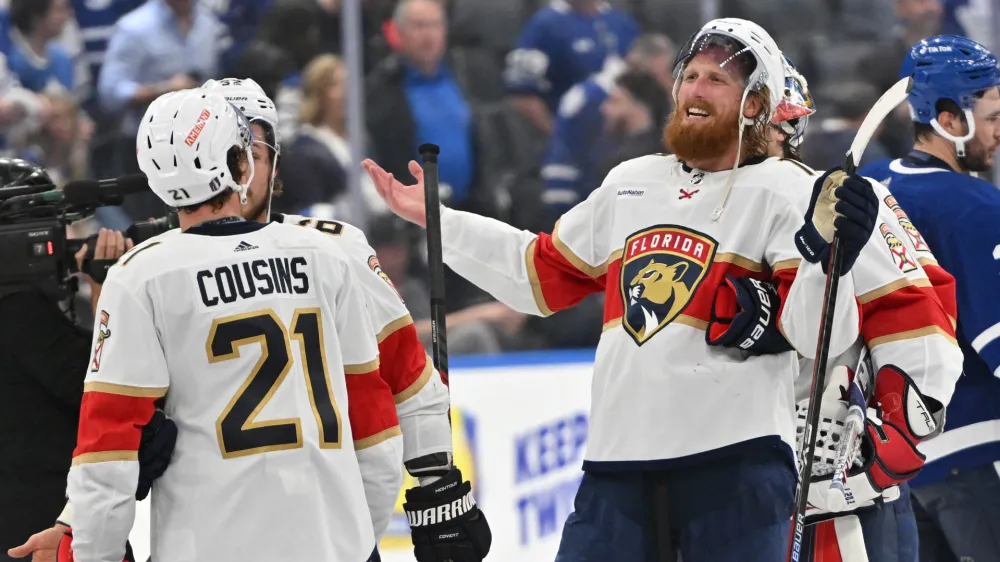 May 12, 2023; Toronto, Ontario, CAN; Florida Panthers defenseman Marc Staal (18) celebrates with forward Nick Cousins after an overtime wind in game five of the second round of the 2023 Stanley Cup Playoffs at Scotiabank Arena. Mandatory Credit: Dan Hamilton-USA TODAY Sports