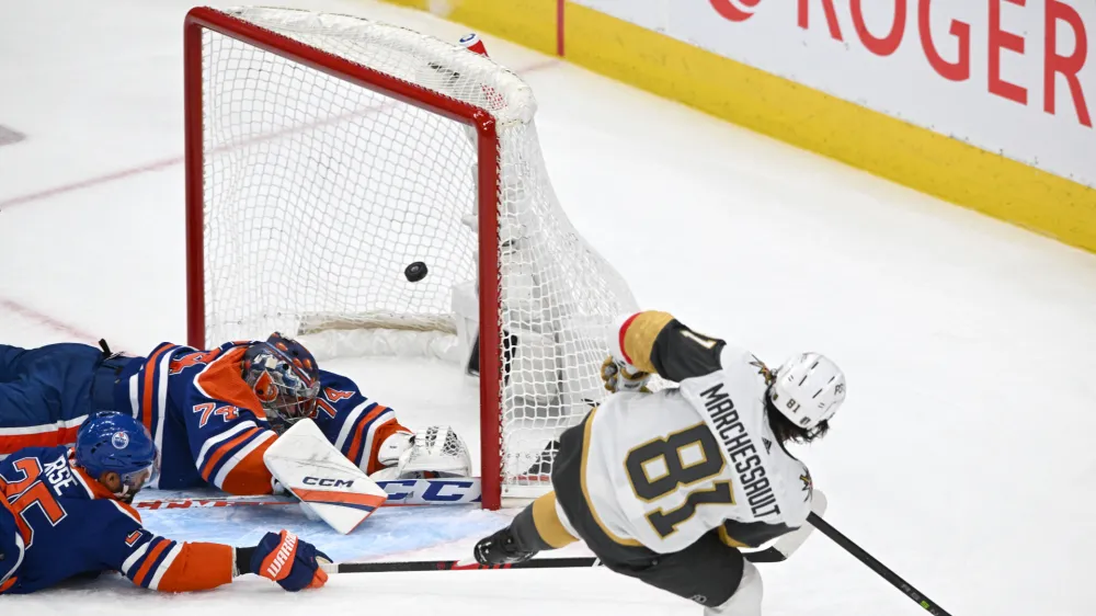 May 14, 2023; Edmonton, Alberta, CAN; Vegas Golden Knights right wing Jonathan Marchessault (81) shoots the puck as Edmonton Oilers goaltender Stuart Skinner (74) defenseman Darnell Nurse (25) attempt to block during the second period in game six of the second round of the 2023 Stanley Cup Playoffs at Rogers Place. Mandatory Credit: Walter Tychnowicz-USA TODAY Sports