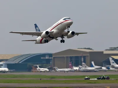 In this photo released by Sergey Dolya, a Sukhoi Superjet-100 takes off from Halim Perdanakusuma airport in Jakarta, Indonesia, Wednesday, May 9, 2012 on it's second demonstration flight of the day. The Russian-made Sukhoi jet plane with 50 people on board, including eight Russians and an American, has gone missing during this flight near Jakarta, Indonesian government officials said Wednesday.(AP Photo/Sergey Dolya) NO SALES