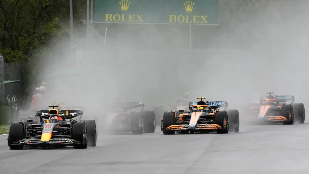 FILE - Red Bull driver Max Verstappen of the Netherlands leads during the Emilia Romagna Formula One Grand Prix, at the Enzo and Dino Ferrari racetrack, in Imola, Italy, Sunday, April 24, 2022. This weekend's Emilia-Romagna Grand Prix in northern Italy was canceled Wednesday, May 17, 2023, because of deadly floods in the region. Formula One said it made the decision for safety reasons and to avoid any extra burden on the emergency services, after consulting with Italian political figures. (AP Photo/Luca Bruno, File)