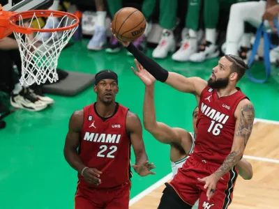 May 17, 2023; Boston, Massachusetts, USA; Miami Heat forward Caleb Martin (16) drives to the basket during the second half against the Boston Celtics in game one of the Eastern Conference Finals for the 2023 NBA playoffs at TD Garden. Mandatory Credit: Paul Rutherford-USA TODAY Sports