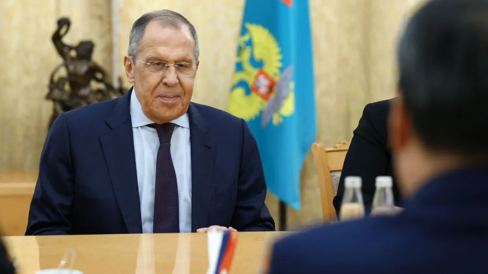 Russian Foreign Minister Sergei Lavrov attends a meeting with Chinese Special Envoy for Eurasian Affairs Li Hui in Moscow, Russia, May 26, 2023. Russian Foreign Ministry/Handout via REUTERS ATTENTION EDITORS - THIS IMAGE WAS PROVIDED BY A THIRD PARTY. NO RESALES. NO ARCHIVES. MANDATORY CREDIT.