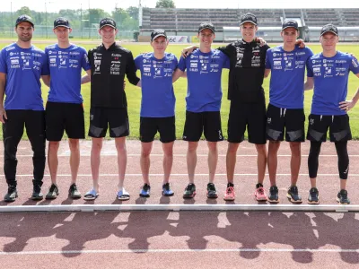 Robert Hrgota, Lovro Kos, Žiga Jelar, Domen Prevc, Peter Prevc, Žiga Jelar, Žak Mogel, Timi Zajc, Anže Lanišek- 29.05.2023 - moška reprezentanca v smučarskih skokih - kondicijski trening na stadionu v Kranju – smučarski skakalci - //FOTO: Jaka Gasar