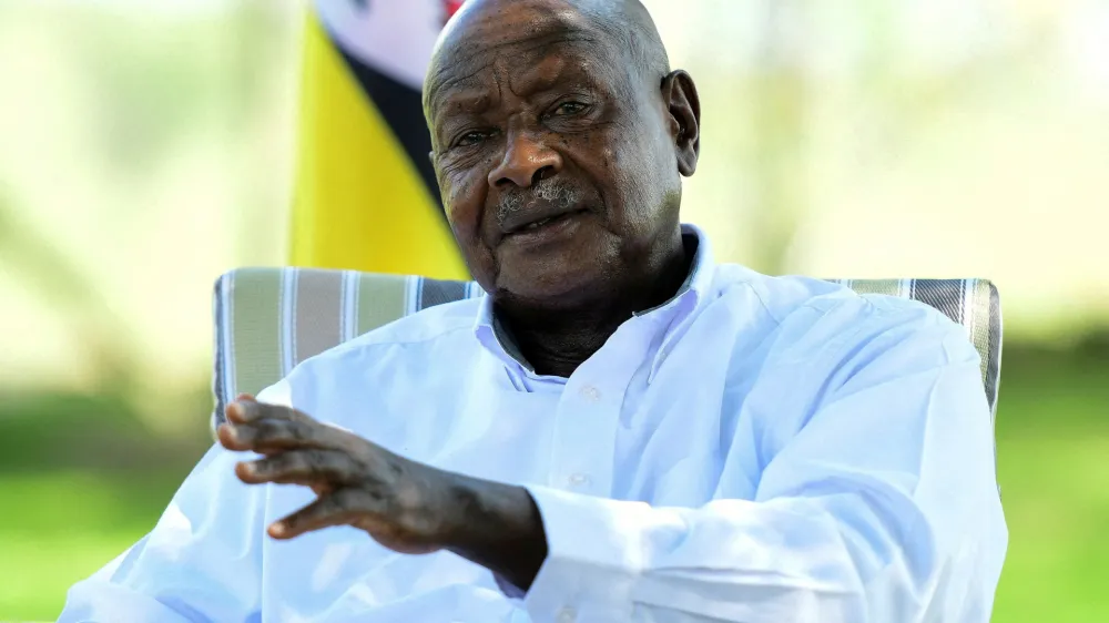 FILE PHOTO: Uganda's President Yoweri Museveni speaks during a Reuters interview at his farm in Kisozi settlement of Gomba district, in the Central Region of Uganda, January 16, 2022. REUTERS/Abubaker Lubowa/File Photo