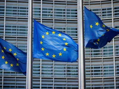 FILE PHOTO: European Union flags fly outside the European Commission headquarters in Brussels, Belgium, March 1, 2023.REUTERS/Johanna Geron/File Photo