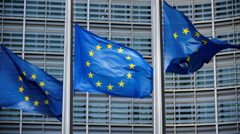 FILE PHOTO: European Union flags fly outside the European Commission headquarters in Brussels, Belgium, March 1, 2023.REUTERS/Johanna Geron/File Photo