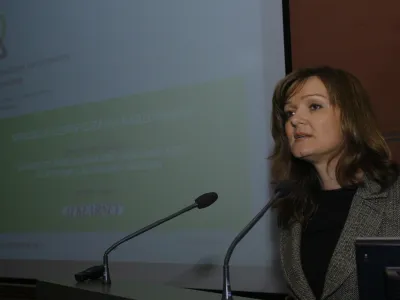 generalna sekretarka ZNS Irena Prijovič - Gospodarska zbornica Slovenije (GZS) - predstavitev &scaron;tudije z naslovom Učinkovito sodelovanje med nadzornimi sveti in upravami v slovenskih družbah - organizirala Združenje nadzornikov Slovenije (ZNS) in A.T. Kearney Svetovanje, //FOTO: Jaka Adamič