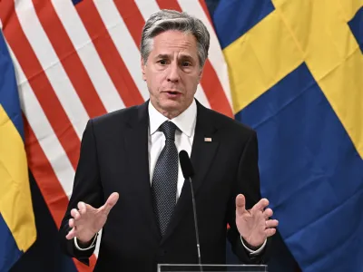 U.S. Secretary of State Antony Blinken speaks during a press meeting in Lulea, Sweden, Tuesday May 30, 2023. Blinken said Tuesday the "time is now" for Turkey to drop its objections to Sweden joining NATO but says the Biden administration also believes that Turkey should be provided with upgraded F-16 fighters "as soon as possible." (Jonas Ekströmer/TT News Agency via AP)