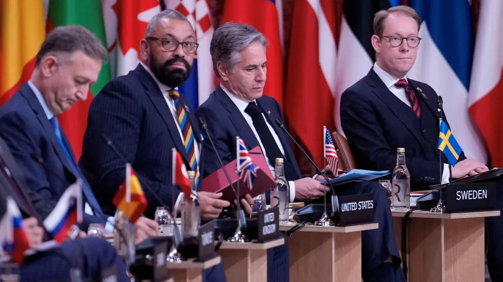 Turkish Ambassador to NATO Zeki Levent Gumrukcu from Turkey, British Foreign Minister James Cleverly, U.S. Secretary of State Antony Blinken and Sweden's Foreign Minister Tobias Billstrom attend NATO's informal meeting of foreign ministers in Oslo, Norway June 1, 2023. Javad Parsa/NTB/via REUTERS ATTENTION EDITORS - THIS IMAGE WAS PROVIDED BY A THIRD PARTY. NORWAY OUT. NO COMMERCIAL OR EDITORIAL SALES IN NORWAY.