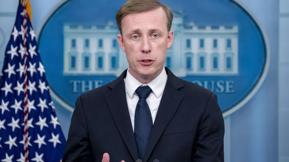 FILE - White House national security adviser Jake Sullivan speaks at a press briefing at the White House in Washington, April 24, 2023. The Biden administration is ready to talk to Russia without conditions about a future nuclear arms control framework even while taking countermeasures in response to the Kremlin's decision to suspend the last nuclear arms control treaty between the two countries. That word comes from White House national security adviser Jake Sullivan in a speech to the Arms Control Association in Washington on Friday. (AP Photo/Andrew Harnik, File)