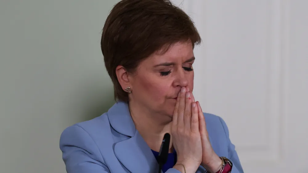 Scotland's First Minister Nicola Sturgeon speaks at a news conference on a proposed second referendum on Scottish independence, at Bute House in Edinburgh, Scotland, June 14, 2022. REUTERS/Russell Cheyne/Pool