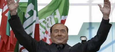 FILE - Silvio Berlusconi addresses a rally in Rome, on Oct. 19, 2019. Berlusconi, the boastful billionaire media mogul who was Italy's longest-serving premier despite scandals over his sex-fueled parties and allegations of corruption, died, according to Italian media. He was 86. (AP Photo/Andrew Medichini, File)