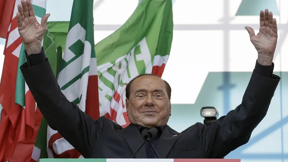 FILE - Silvio Berlusconi addresses a rally in Rome, on Oct. 19, 2019. Berlusconi, the boastful billionaire media mogul who was Italy's longest-serving premier despite scandals over his sex-fueled parties and allegations of corruption, died, according to Italian media. He was 86. (AP Photo/Andrew Medichini, File)
