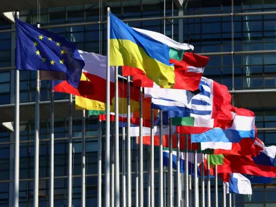 Flags flutter outside of the European Parliament in Strasbourg, France June 12, 2023. REUTERS/Yves Herman