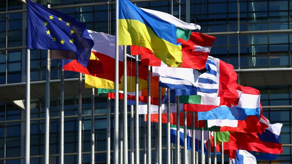 Flags flutter outside of the European Parliament in Strasbourg, France June 12, 2023. REUTERS/Yves Herman