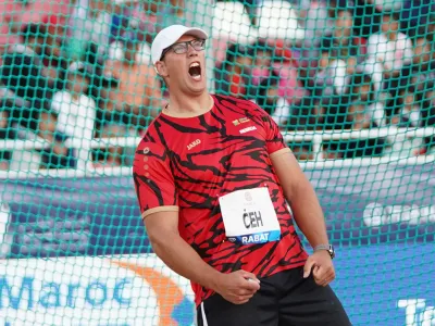 Athletics - Diamond League - Rabat - Meeting International Mohammed VI d'Athletisme de Rabat- Prince Moulay Abdellah Stadium, Rabat, Morocco - May 28, 2023 Slovenia's Kristjan Ceh celebrates winning the men's discus throw REUTERS/Abdelhak Balhaki