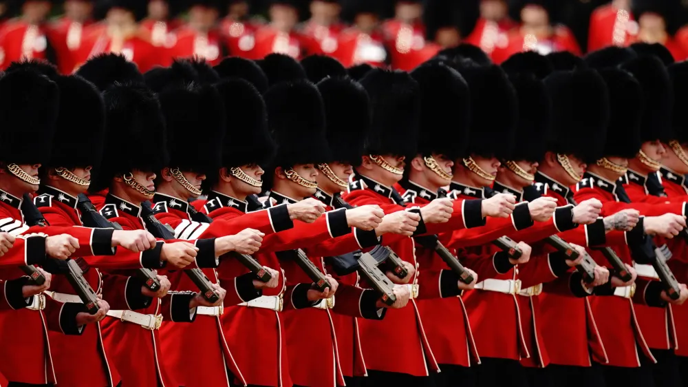 17 June 2023, United Kingdom, London: Members of the Household Division stand during the Trooping the Colour parade, as King Charles III celebrates his first official birthday since becoming sovereign. Photo: Aaron Chown/PA Wire/dpa