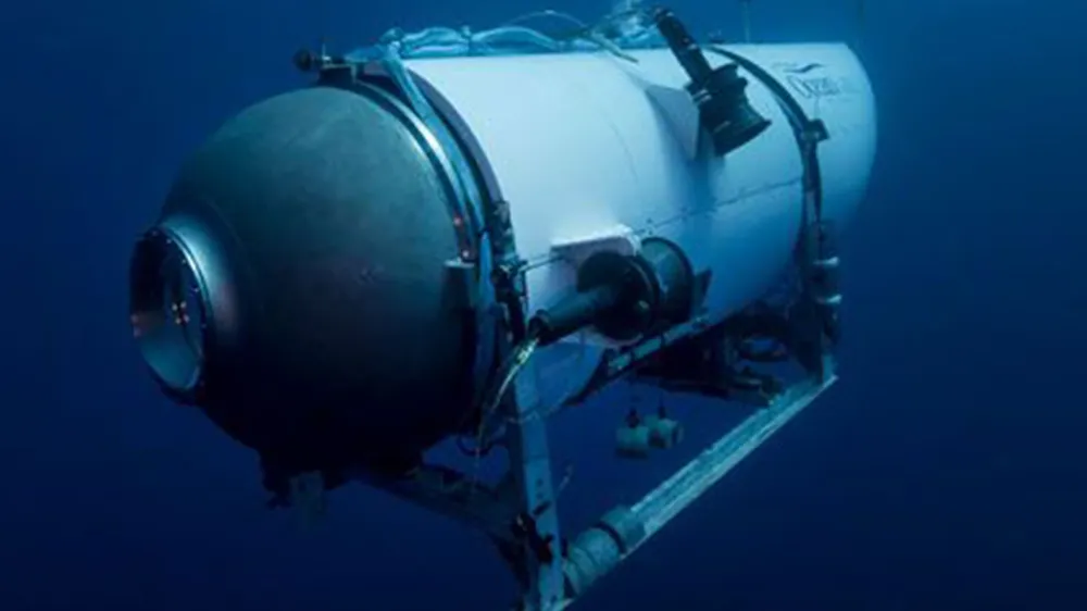 FILE - This undated photo provided by OceanGate Expeditions in June 2021 shows the company's Titan submersible. On Monday, June 19, 2023, a rescue operation was underway deep in the Atlantic Ocean in search of the technologically advanced submersible vessel carrying five people to document the wreckage of the Titanic, the iconic ocean liner that sank more than a century earlier. (OceanGate Expeditions via AP, File)