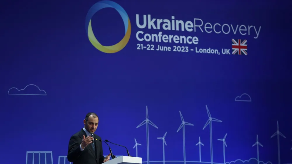 Oleksandr Kubrakov, Deputy Prime Minister for Restoration of Ukraine, speaks at the Ukraine Recovery Conference in London, Britain June 21, 2023. REUTERS/Hannah McKay/Pool