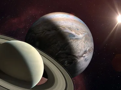 ﻿Great Conjunction: Jupiter and Saturn Meet on Solstice. Rare Jupiter-Saturn Conjunction. Elements of this image furnished by NASA. ______ Url(s): https://images.nasa.gov/details-PIA22949https://solarsystem.nasa.gov/resources/17549/saturn-mosaic-ian-reganSoftware: Adobe Photoshop CC 2015. Knoll light factory. Adobe After Effects CC 2017.