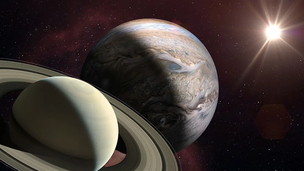 ﻿Great Conjunction: Jupiter and Saturn Meet on Solstice. Rare Jupiter-Saturn Conjunction. Elements of this image furnished by NASA. ______ Url(s): https://images.nasa.gov/details-PIA22949https://solarsystem.nasa.gov/resources/17549/saturn-mosaic-ian-reganSoftware: Adobe Photoshop CC 2015. Knoll light factory. Adobe After Effects CC 2017.