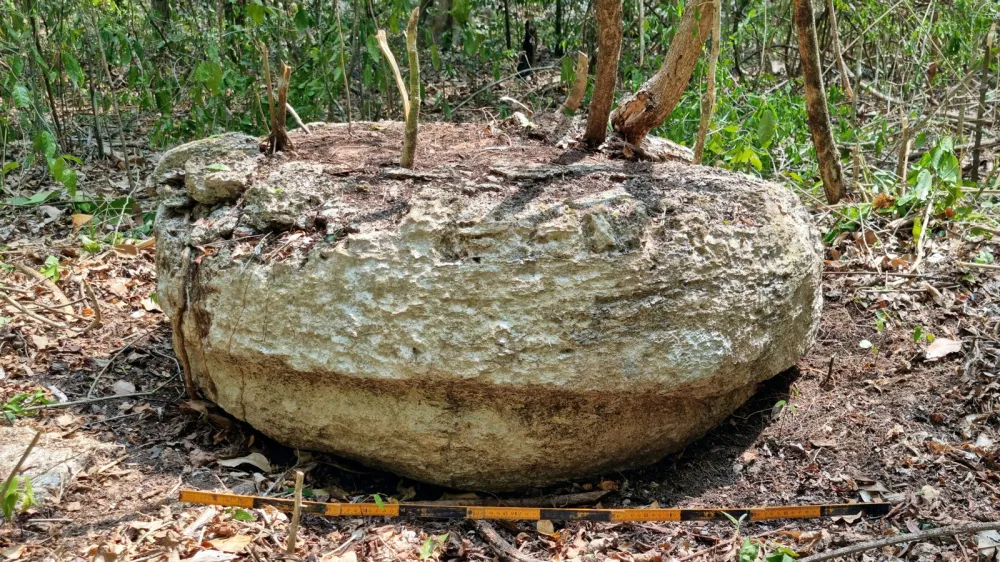 A view shows a part of a stone from an altar after archaeologists from Mexico's National Institute of Anthropology and History (INAH) discovered an ancient Mayan city inside the Balamku ecological reserve in Campeche state, Mexico in this photo released and distributed by Mexico's National Institute of Anthropology and History on June 20, 2023. Mexico's National Institute of Anthropology and History/Handout via REUTERS THIS IMAGE HAS BEEN SUPPLIED BY A THIRD PARTY. NO RESALES. NO ARCHIVES