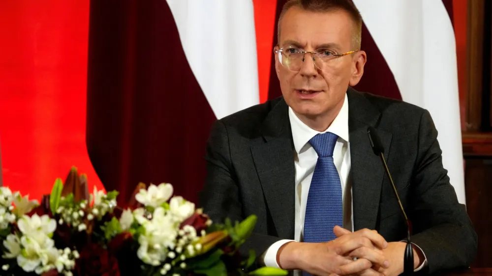 Newly-elected Latvian President Edgars Rinkevics speaks during a press conference in Riga, Latvia May 31, 2023. REUTERS/Ints Kalnins