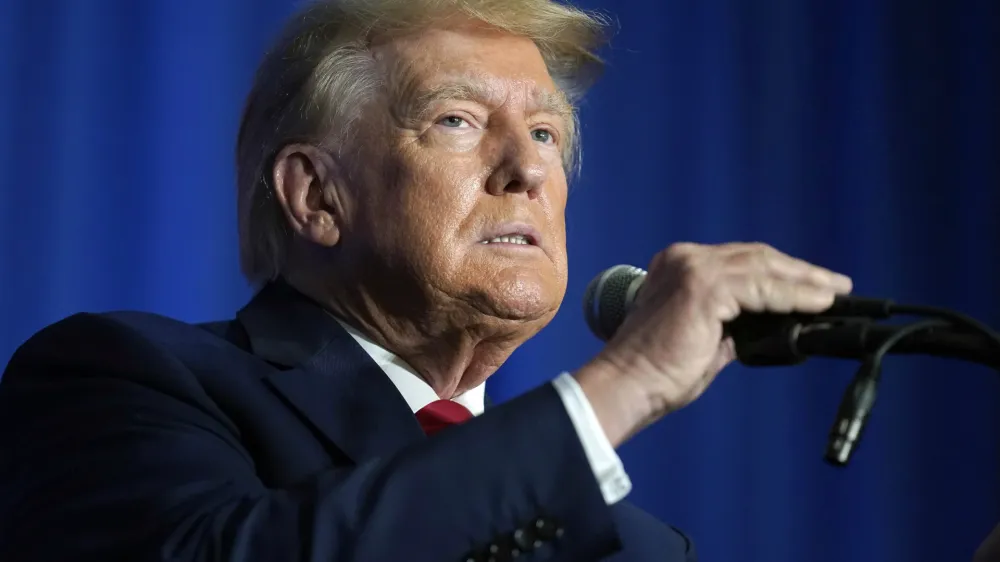 Former President Donald Trump speaks at the New Hampshire Federation of Republican Women Lilac Luncheon, Tuesday, June 27, 2023, in Concord, N.H.  Trump has countersued E. Jean Carroll, the advice columnist who accused him of rape, saying she defamed him by continuing to insist she was raped even after a jury declined to agree. Lawyers for Trump filed papers late Tuesday, June 27. (AP Photo/Steven Senne)