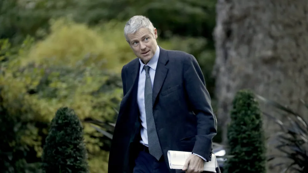 FILE.- Britain's Minister of State for Environment and International Development Zac Goldsmith arrives for a cabinet meeting at 10 Downing Street in London, Tuesday, Oct. 22, 2019. A British environment minister who is close to former Prime Minister Boris Johnson has quit and accused the current government of apathy towards climate issues. Zac Goldsmith said Friday, June 30, 2023 that he could no longer do his job because Prime Minister Rishi Sunak is "simply uninterested" in the environment. (AP Photo/Matt Dunham, file)