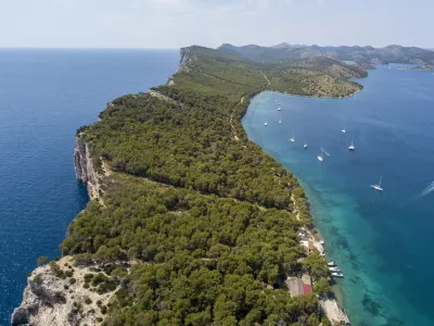 Aerial view of the island of Dugi Otok in front of the city of Zadar, Croatia. Coastline. Cliff overlooking the sea and lagoon.