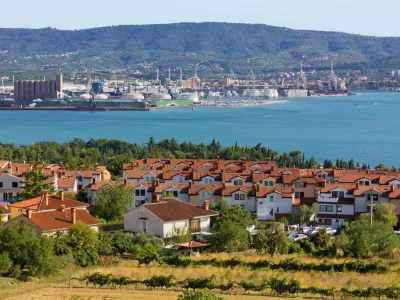 Seaside resort of Ankaran, Slovenia, with the seaport of Koper in the background