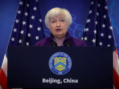 U.S. Treasury Secretary Janet Yellen speaks during a press conference at the U.S. embassy in Beijing, China, July 9, 2023. REUTERS/Thomas Peter