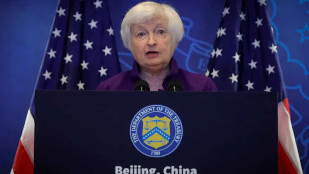 U.S. Treasury Secretary Janet Yellen speaks during a press conference at the U.S. embassy in Beijing, China, July 9, 2023. REUTERS/Thomas Peter