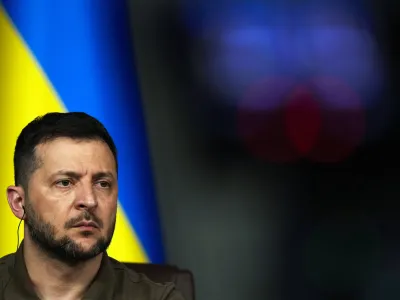 FILE - Ukraine's President Volodymyr Zelenskyy listens to a question during a joint press conference with Turkey's President Recep Tayyip Erdogan following their meeting in Istanbul, Turkey, early Saturday, July 8, 2023. Russia's war in Ukraine will top the agenda when U.S. President Joe Biden and his NATO counterparts hold a summit in the Lithuanian capital Vilnius over two days starting on Tuesday, July 11. (AP Photo/Francisco Seco, File)